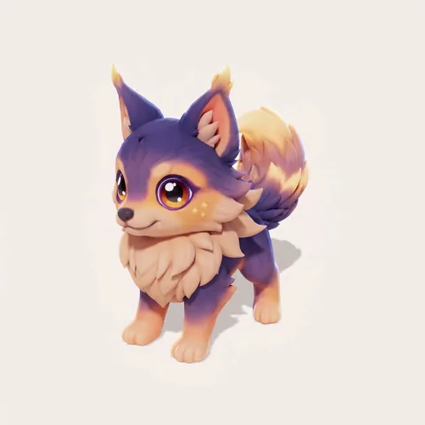 Foloone, a violet fox with peach paws and a fluffy, gold-tipped tail.