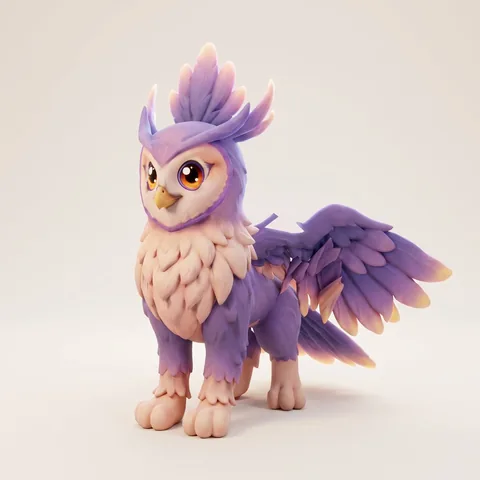 Gryphdusk, an owl-griffin with a feathered crest and soft wings.