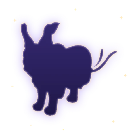 The glowing outline of a mysterious creature with tall ears, wings and ribbon tails, among the stars.